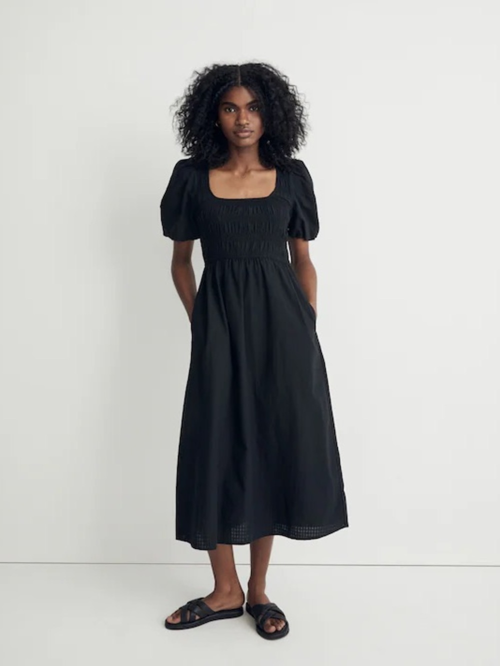Madewell Lucie Puff Sleeve Smocked Square-Neck Midi Dress - Black